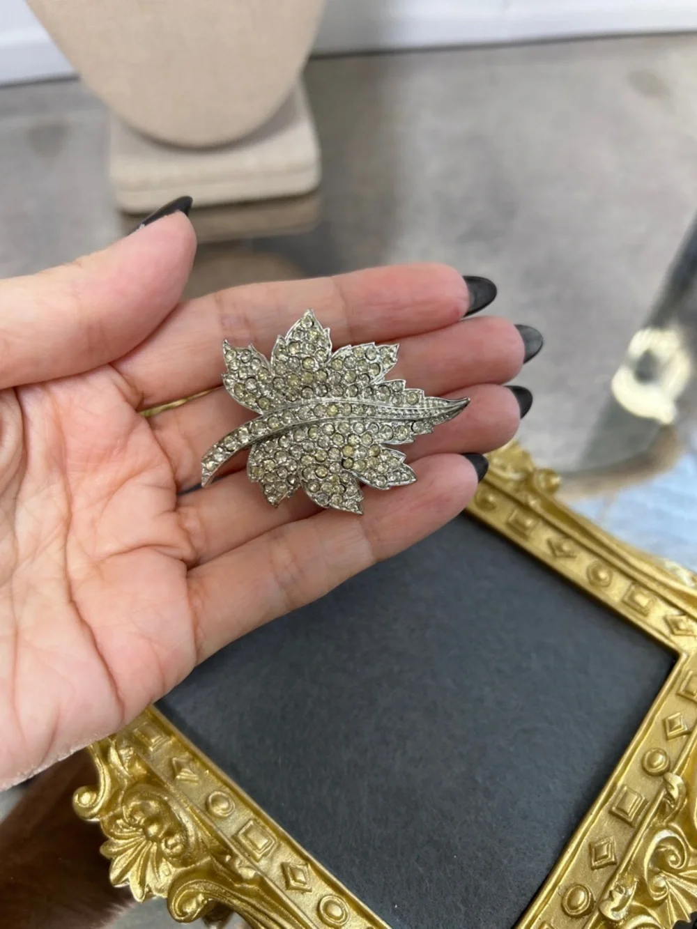 Crystal Leaf Brooch Pin - Clear Rhinestone Accent